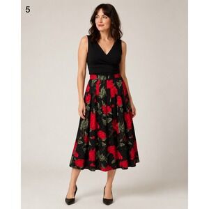 Vintage 80s Austin Hill Midi Skirt Womens 10 Black Polka Dot Rose Print Rayon